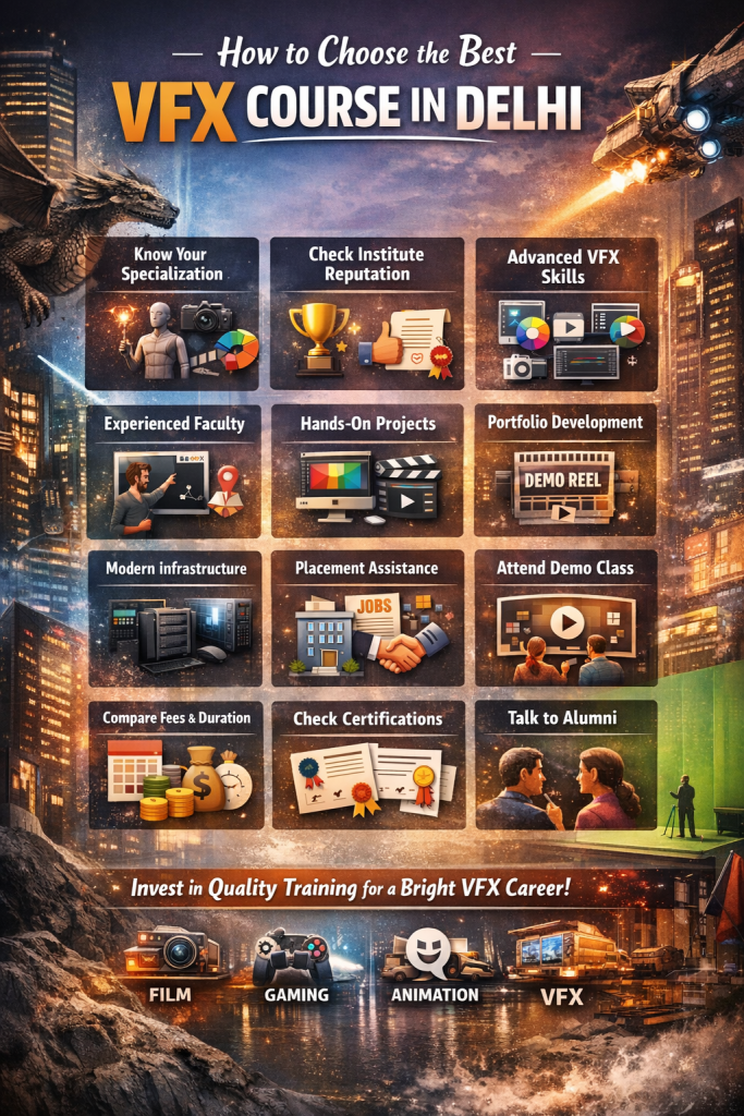 Infographic showing how to choose the best VFX course in Delhi, highlighting skills, faculty, projects, portfolio, infrastructure, and placement support.