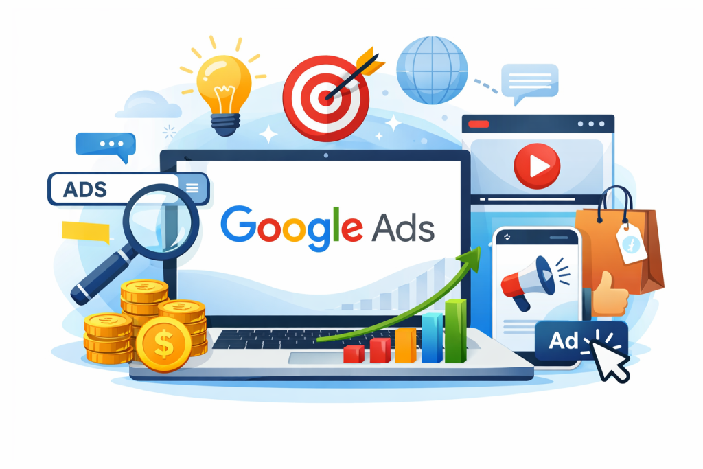 Google Ads digital marketing illustration showing online advertising, PPC campaigns, keyword targeting, and business growth analytics on a simple background.