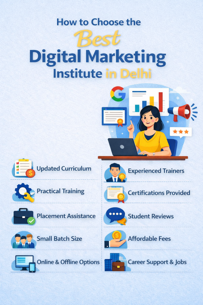 “Infographic on how to choose the best digital marketing institute in Delhi with curriculum, practical training and placement assistance.”